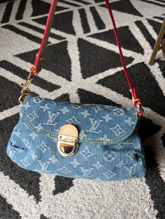Louis Vuitton Handbags - Louis Vuitton Denim Monogram Shoulder Bag in Blue with Red Strap
